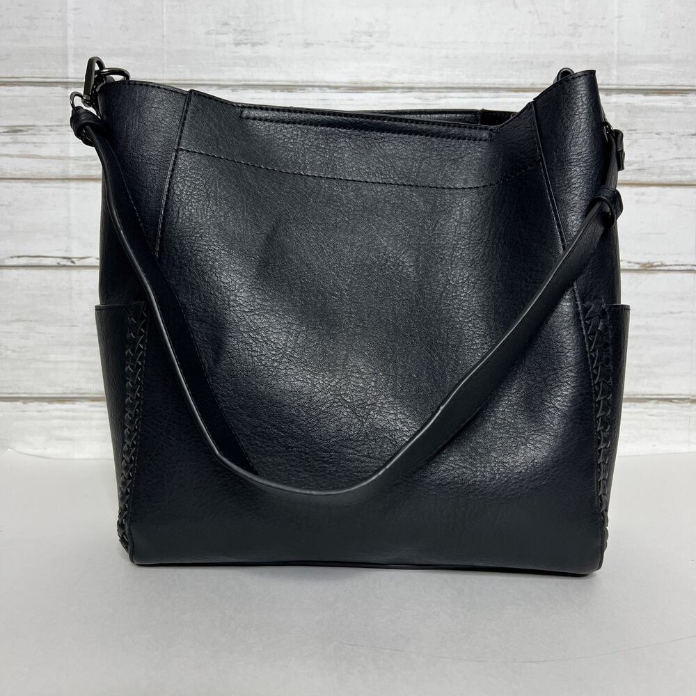 Jen & Co Penny Black Vegan Leather Bucket Bag Shoulder Purse With Pouch